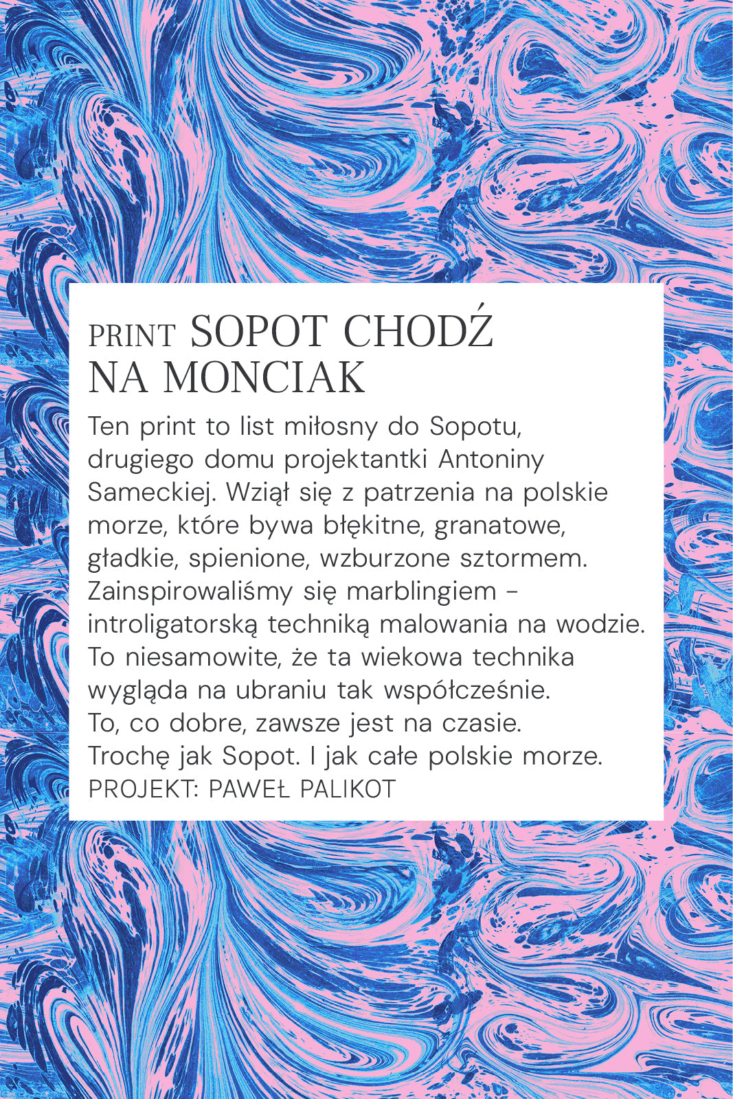 Print Sopot chodź na monciak – abstrakcyjny wzór w niebiesko-różowych falach, inspirowany morzem i marblingiem
