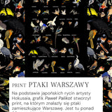 Print Ptaki Warszawy – kolorowy wzór z ponad 20 gatunkami ptaków, inspirowany japońskimi rycinami