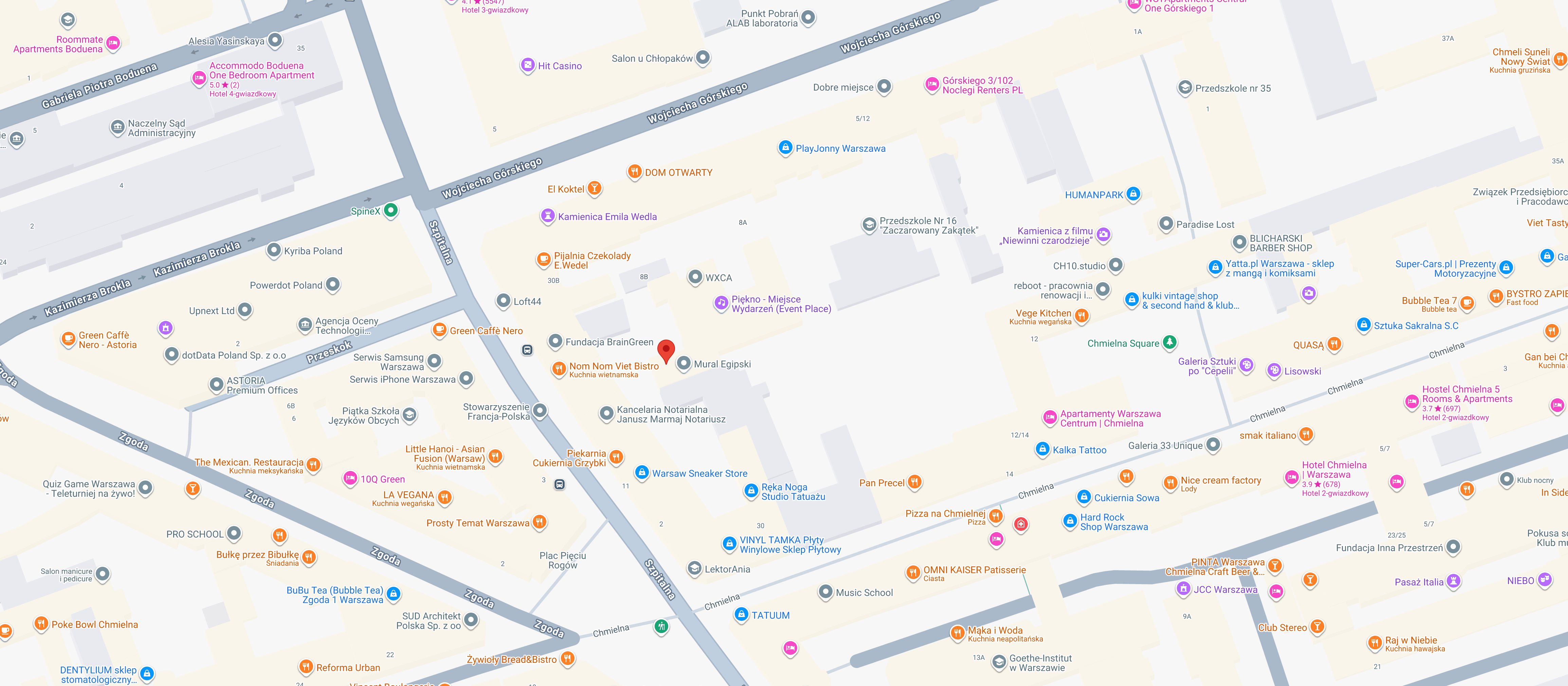 Mapa Warszawy z zaznaczonymi lokalizacjami sklepów i atrakcji w centrum miasta
