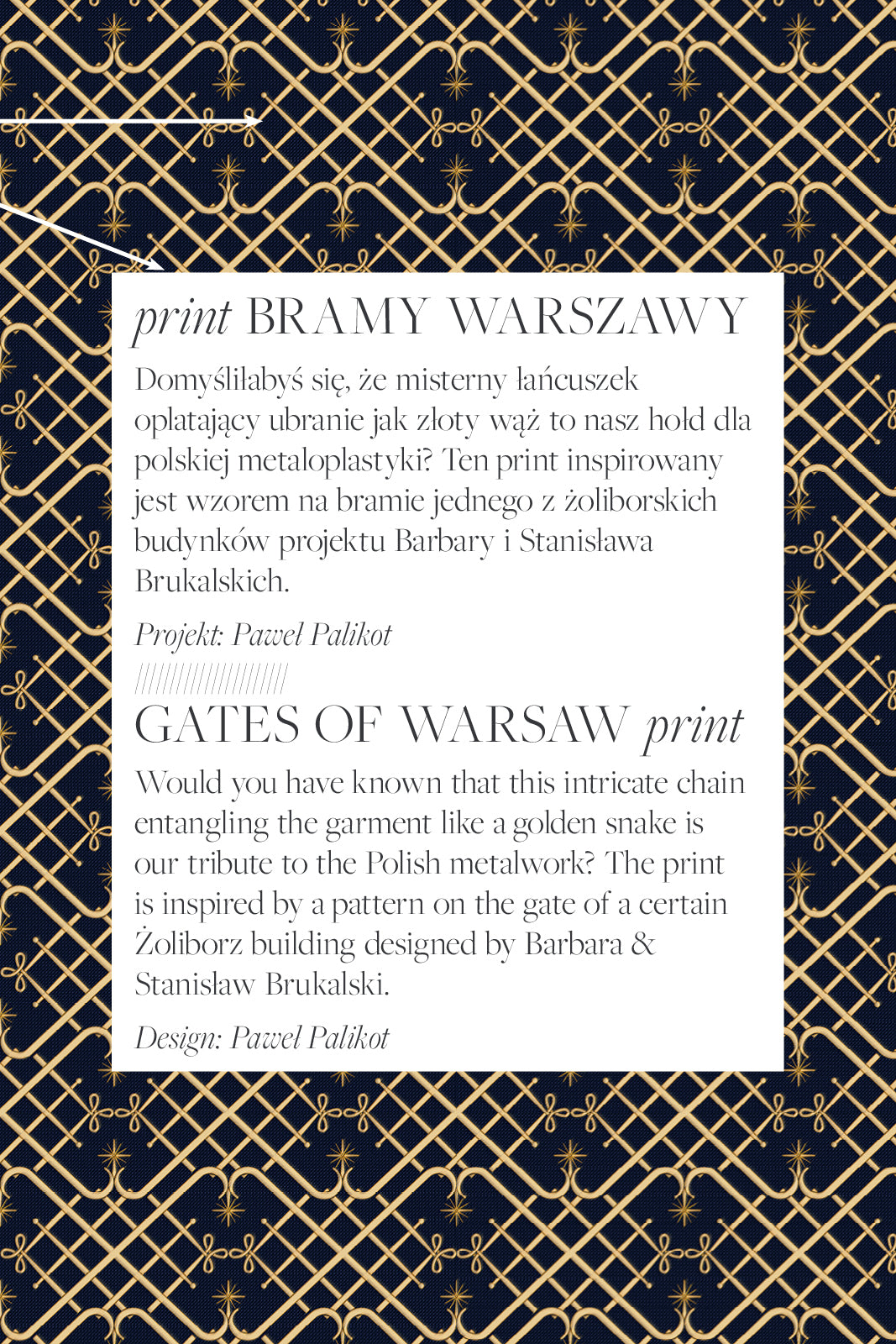 Elegancki wzór Bramy Warszawy – złoty, geometryczny print inspirowany polską metaloplastyką i architekturą