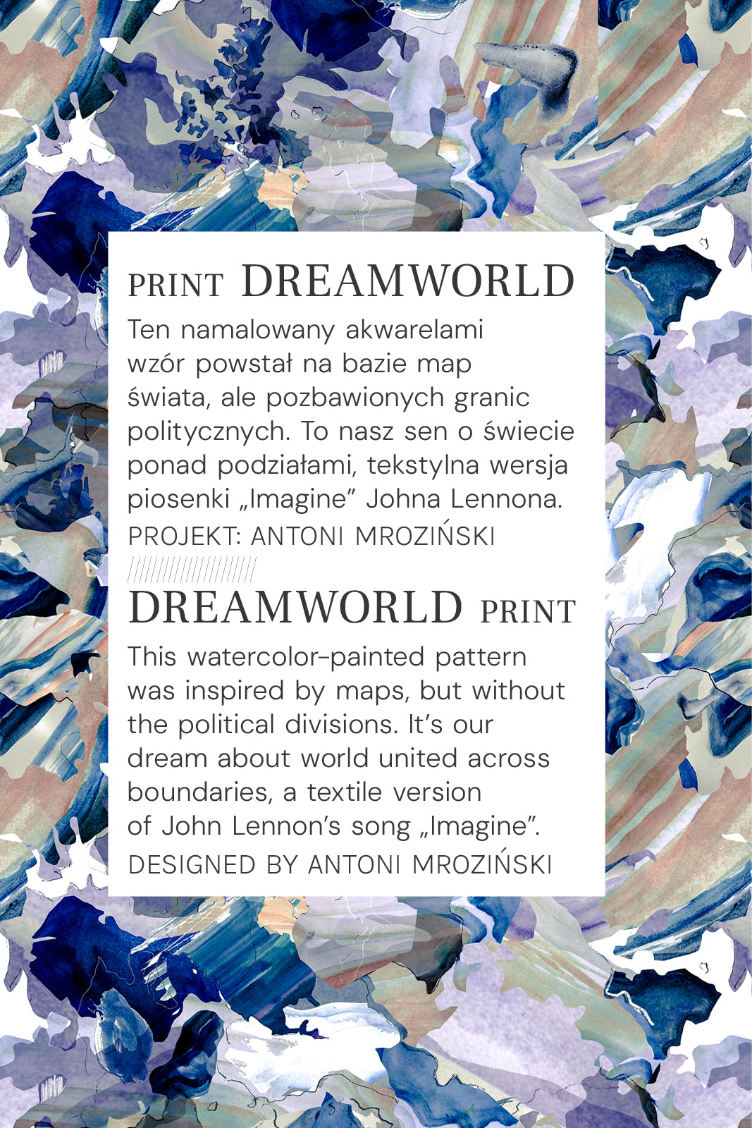 Wzór DREAMWORLD – akwarelowy, bez granic politycznych, inspirowany piosenką Imagine Johna Lennona