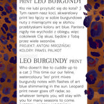 Akwarelowy print leo burgundy z nutami art blue, projekt Antoni Mroziński, kolory Paweł Palikot
