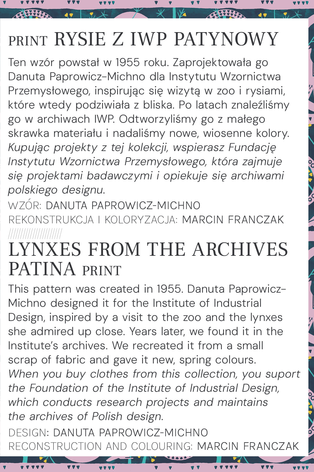 Wzór Rysie z IWP Patynowy – vintage print z 1955, odnowiony w wiosennych kolorach, polski design