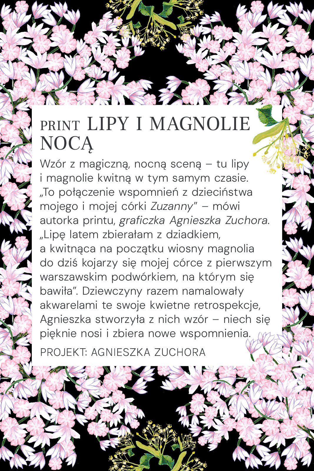 Wzór lipy i magnolii nocą – kwiaty w delikatnych odcieniach różu i białego na czarnym tle