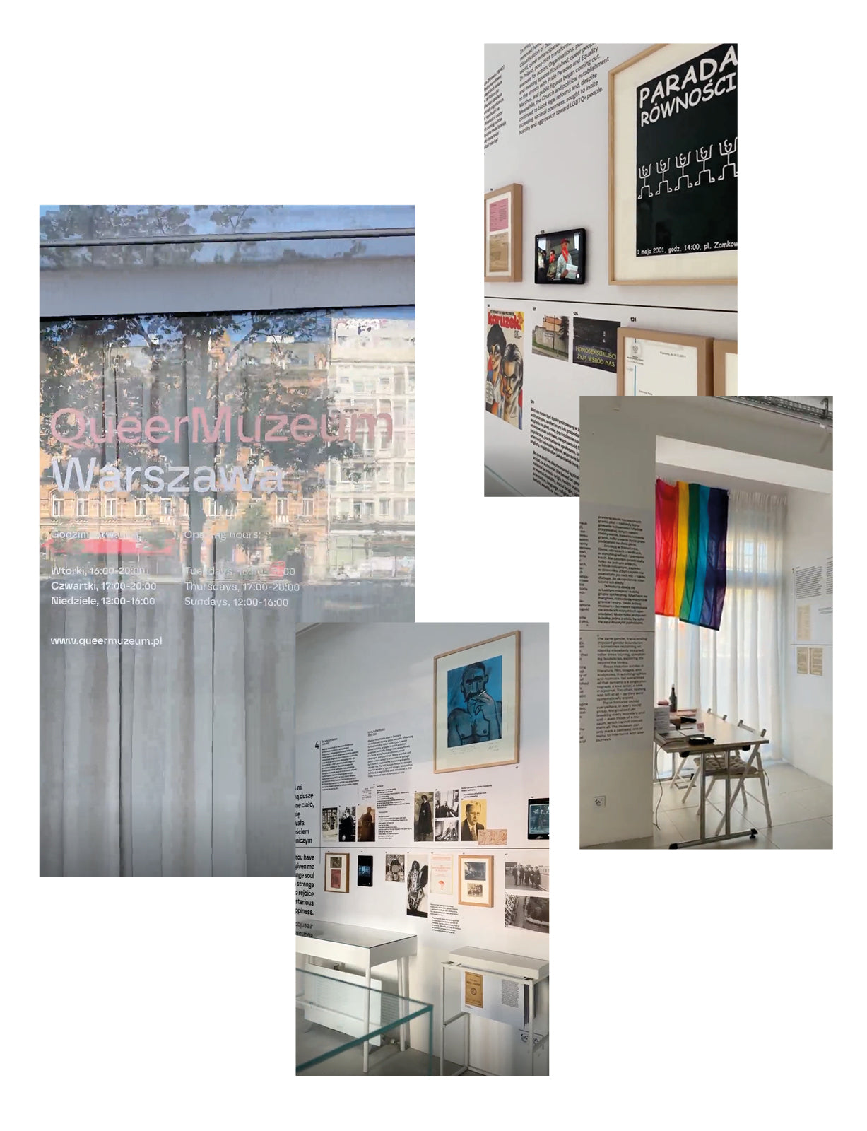 Wnętrze QueerMuzeum Warszawa z wystawą, flagą tęczy i plakatami o równości, łączącą kulturę i sztukę