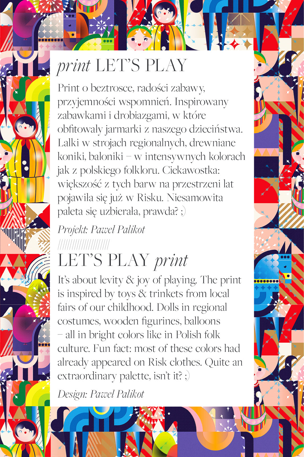 Kolorowy print LET'S PLAY inspirowany polskim folklorem, lalkami i zabawkami dziecięcymi, idealny na sukienki i ubrania.