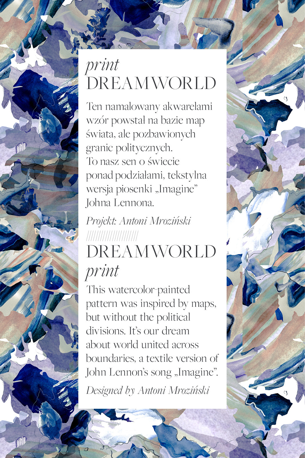 Wzór DREAMWORLD – akwarelowy print inspirowany mapą świata bez granic, tekstylna wersja „Imagine” Johna Lennona