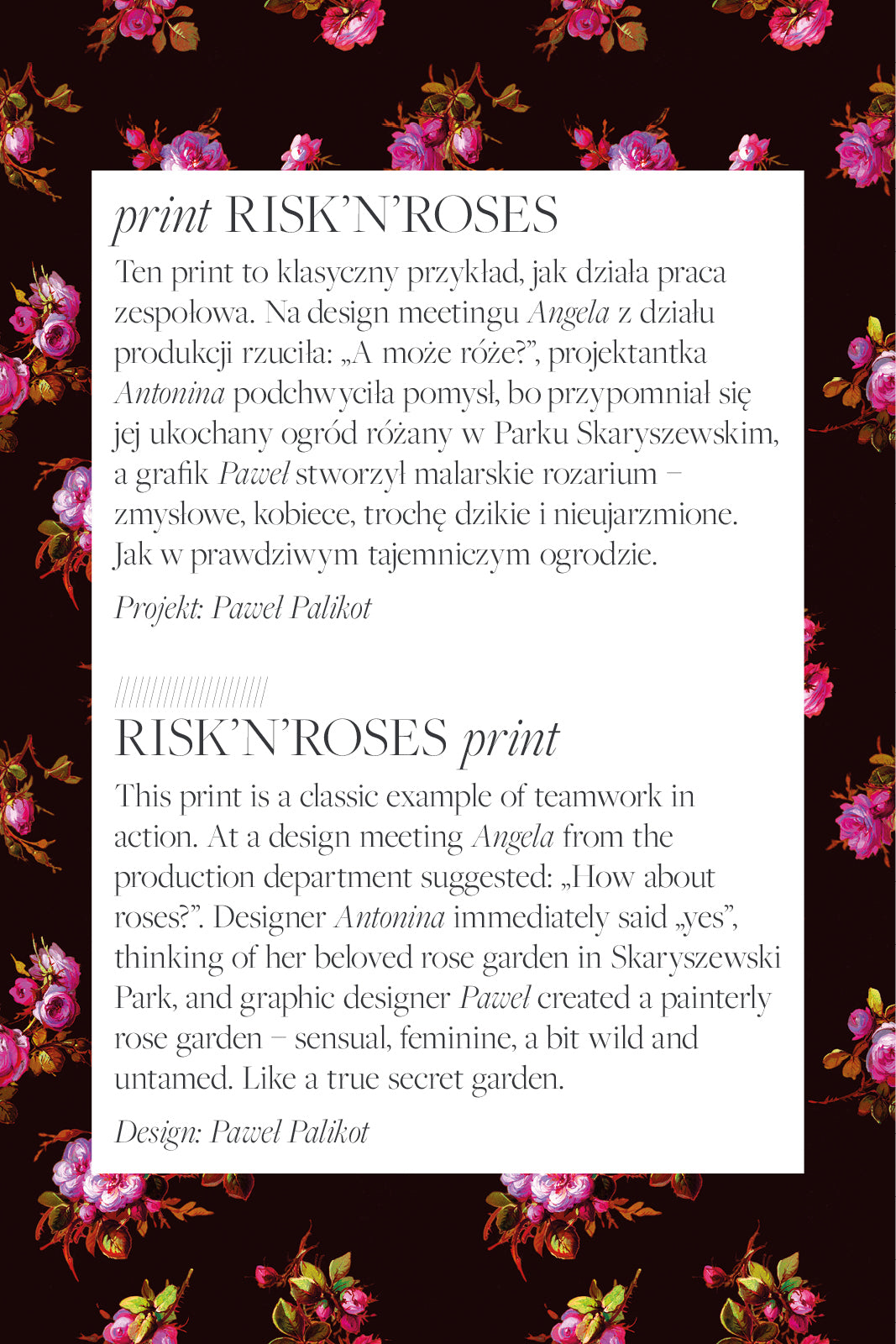 RISK’N’ROSES print – kwiatowy wzór z różami, artystyczny i kobiecy, inspirowany ogrodem w Parku Skaryszewskim