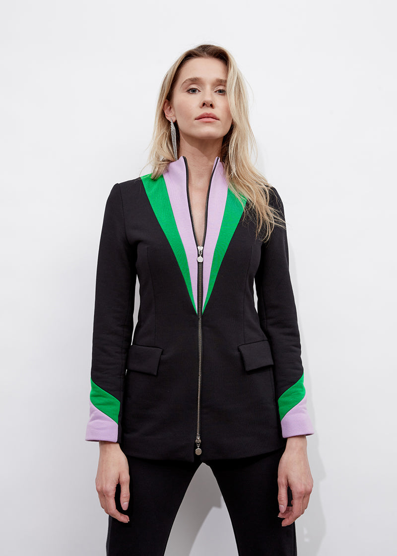 Czarny blazer z kolorowymi wstawkami w fiolet i zielony, z suwakiem, stylowa moda damska